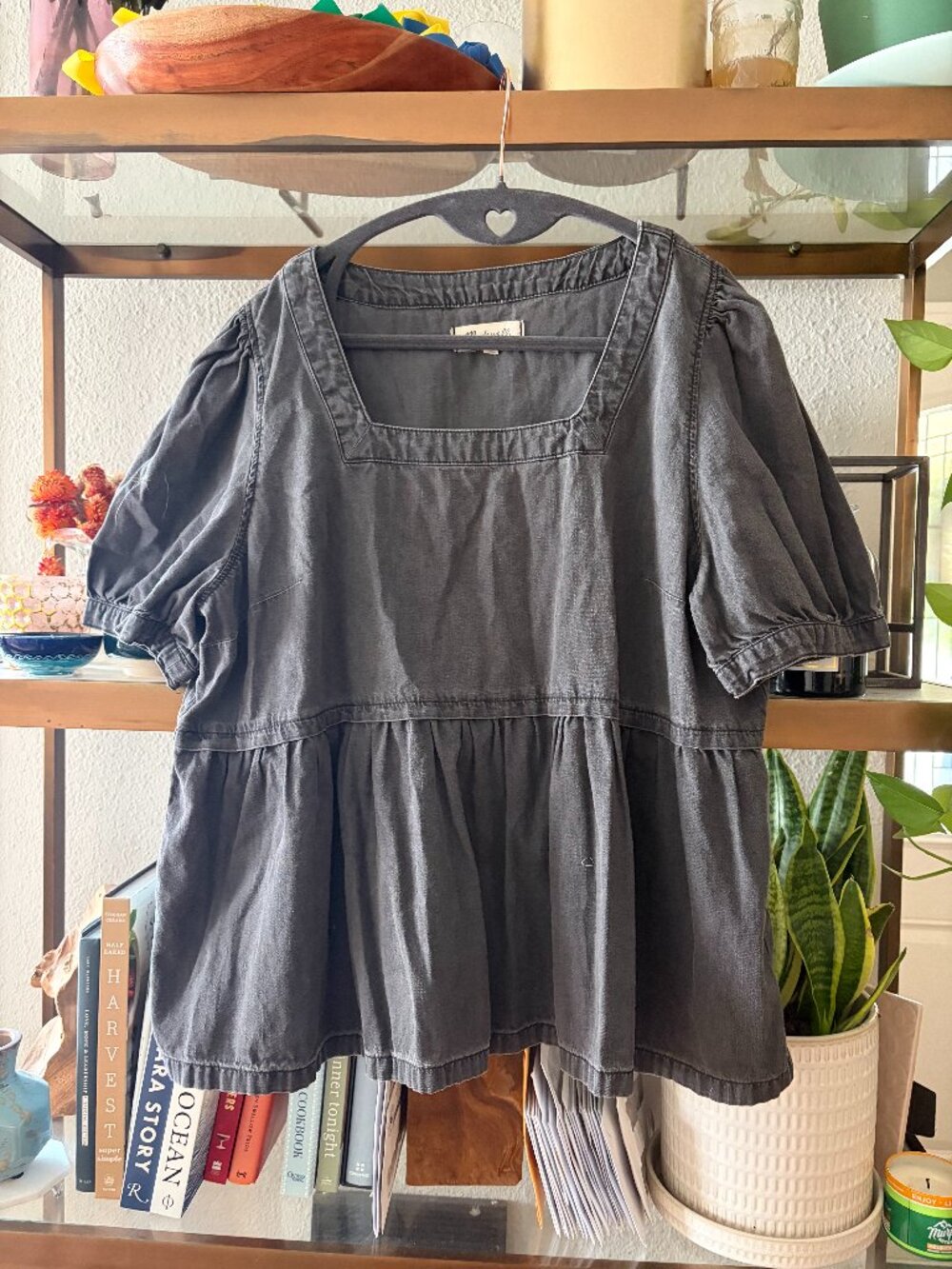 Madewell Washed Black Square-Neck Peplum Puff Sleeve Blouse